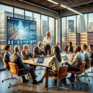 A diverse group of executives, led by Sally, the CEO, discussing AI-driven data on a digital screen in a casual social housing office with an urban backdrop.