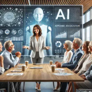 Diverse board members in a modern boardroom, listening attentively to Sally, who is presenting AI opportunities and strategies for the housing association.