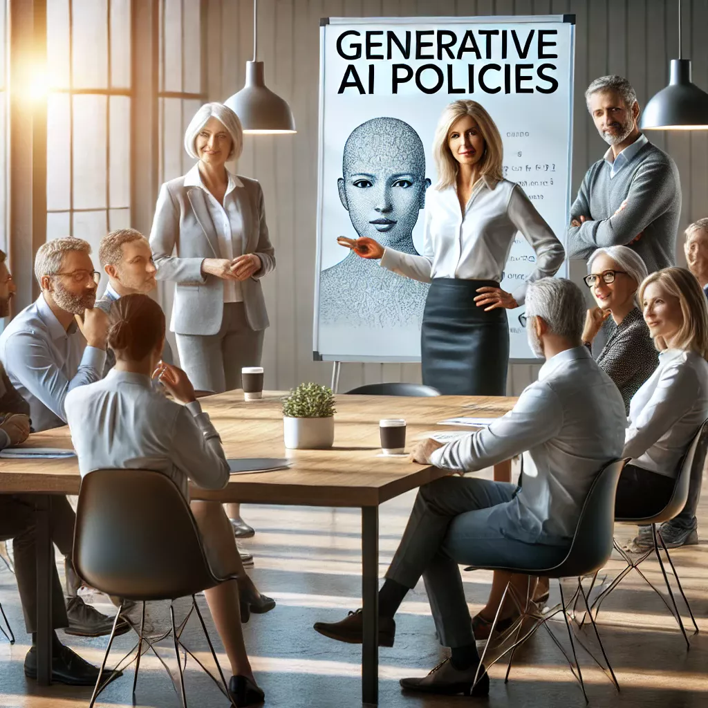 Female CEO Sally leading a discussion on AI policies with a diverse group of mature professionals in a bright, modern meeting room. The atmosphere is collaborative.