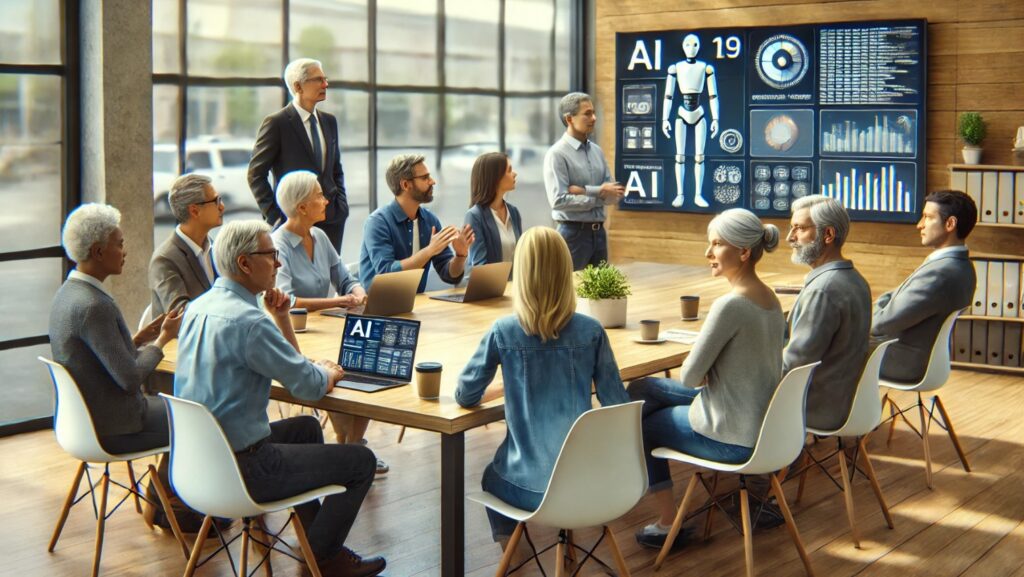 A diverse group of mature board members dressed in casual business attire, using AI technology on laptops and screens in a social housing boardroom setting.